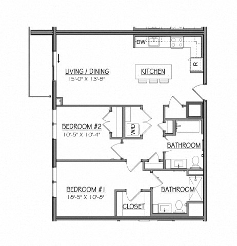 Floor plan for 2 beds, 2 baths, 1007 sqft